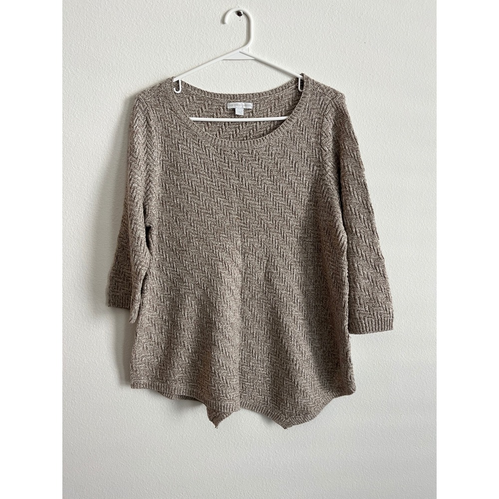 New York & Company Taupe Textured Knit Sharkbite Hem Sweater 3/4 Sleeve Large